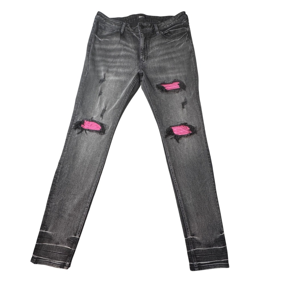 NovaMen Jeans Mens 36 Black FNMK136 Distressed Pink Ribbed Patch Slim Streetwear
